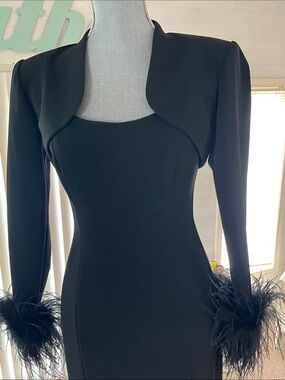 Vintage Sleek Black Midi Slip Dress with jacket and ostrich feather sleeves